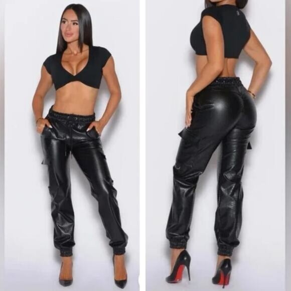 Bombshell Sportswear Pants - BOMBSHELL Sportswear Liquid Faux Leather Scrunch Butt Cargos Size Small Black